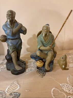 Ceramic Fisherman Figurine in Blue-Green Glaze - Home Art Accent